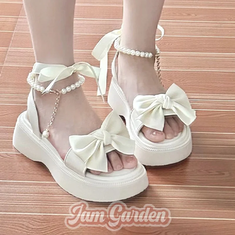 Summer Bowknot Fairy Style Thick Sole Pearl Strap Fashion Women's Shoes