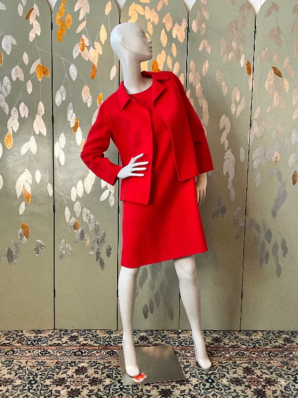 Vintage 1990s Linda Allard Ellen Tracy Red Wool Shift Dress and Jacket, Medium