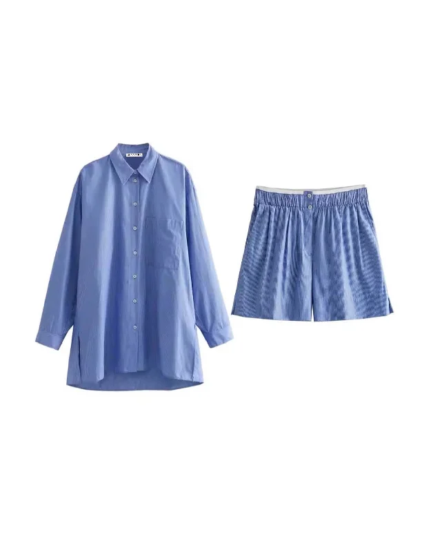 Blue Striped Oversized Shirt Set With Shorts