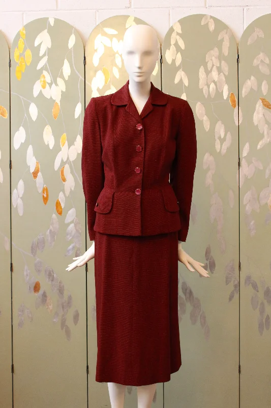 Vintage 1950s Fitted Deep Red Skirt Suit Set, Fall Suit, XS