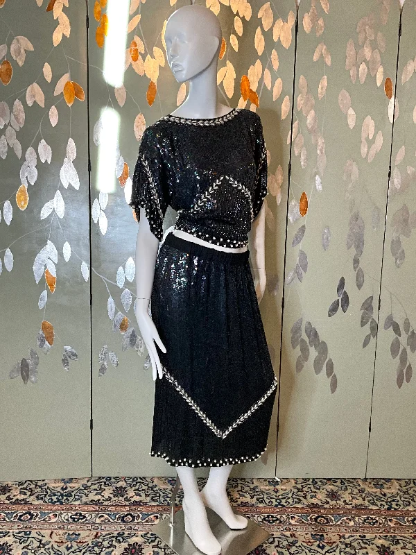 Vintage 1980s Black Silk Sequin and Bead 2-Piece Top and Skirt Set, Large