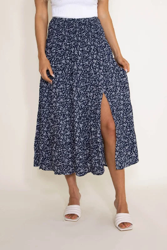 Wishlist Floral Midi Skirt with Slide Slit for Women in Blue | WL21-6290