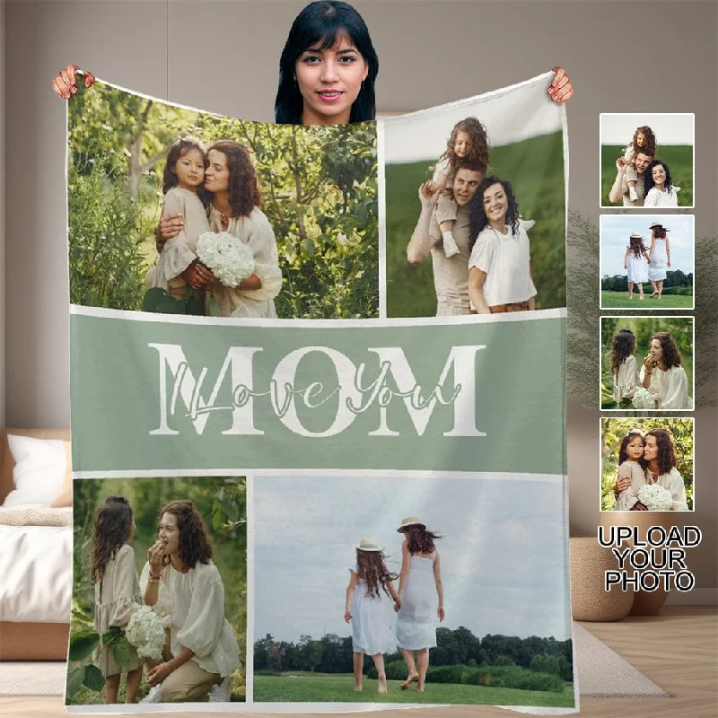 British Style Custom 4 Photos Love You Mom Anti-pilling Flannel Blanket Personalized Mother's Day Blanket Gifts For Best Mom And Grandma