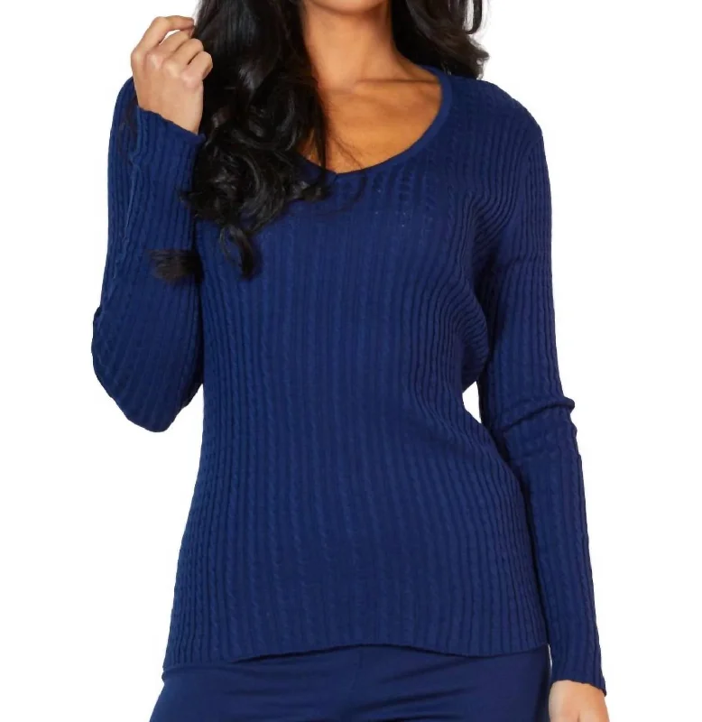 Braided V-Neck Sweater In Navy