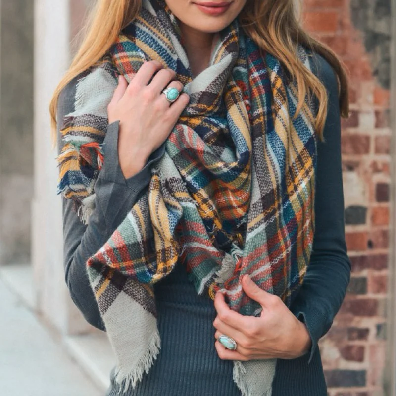 New Products Classic Plaid Blanket Scarf Grey/Mustard