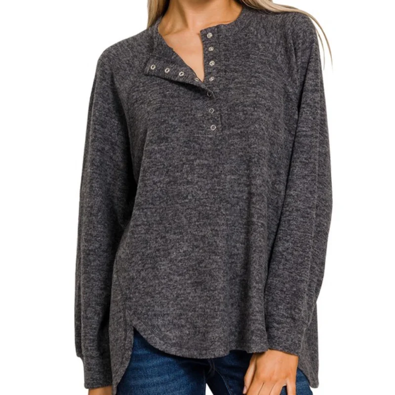 Lazy Home Diannah Brushed Knit Relaxed Henley Top Black