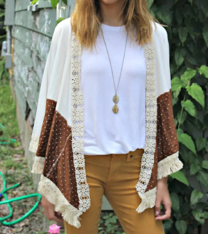 Duster With Laser Cut Suede And Fringe Details In Ivory/brown