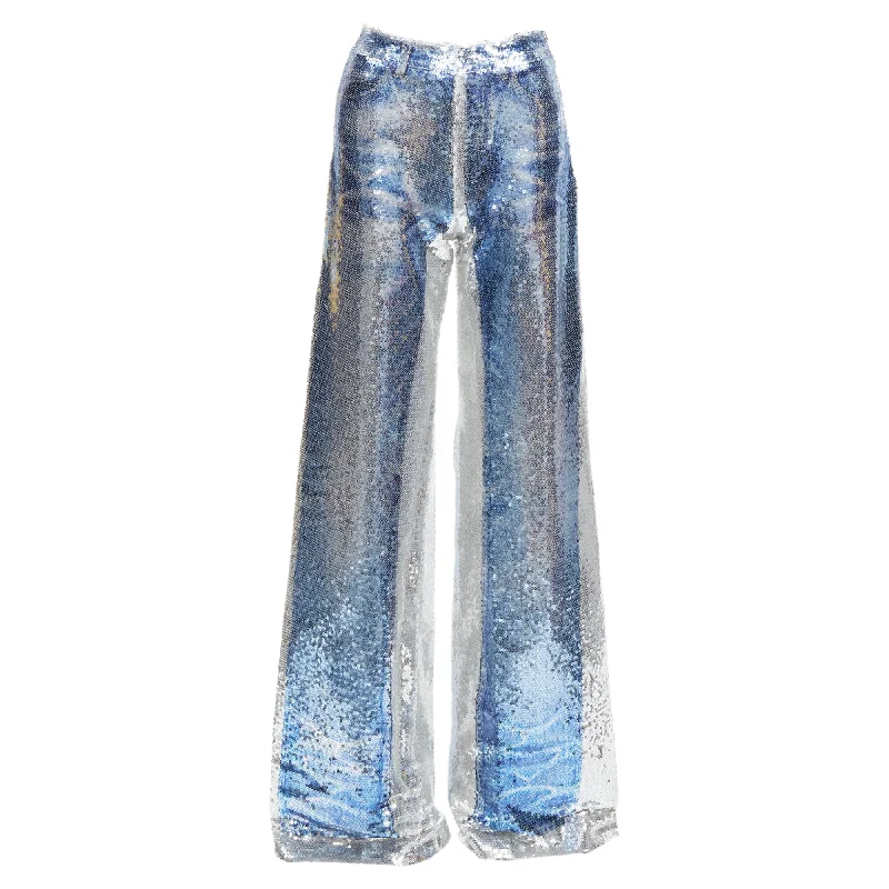 British Style Pony Stone Thailand tromp loeil jeans sequins wide leg pants