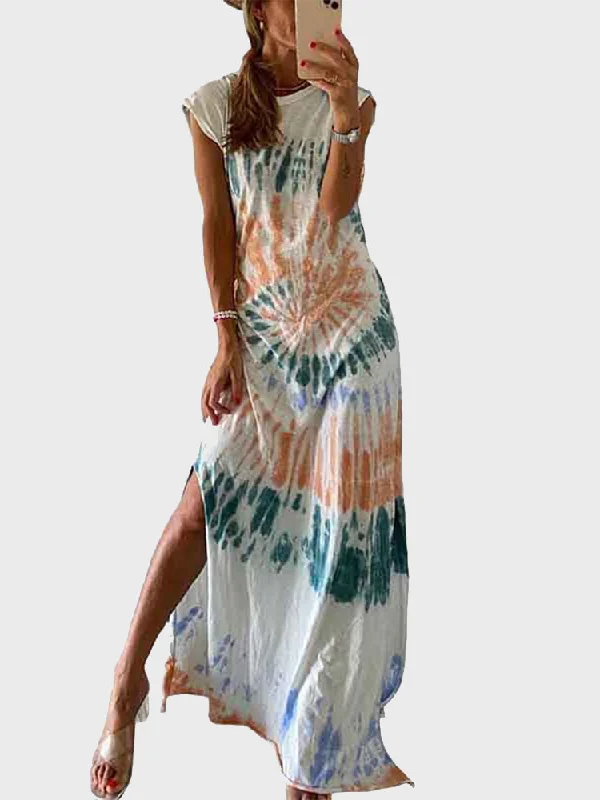 Summer Tie-Dye Slit Skirt & Cap Sleeve Dress Set