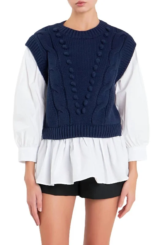 Mix Media Cable Sweater In Navy/white