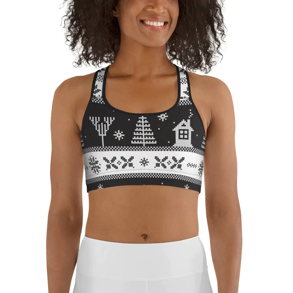 Vintage Black & White Christmas Sports Bra