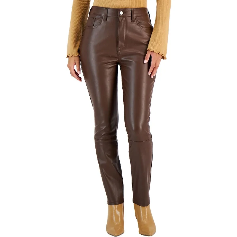 Juniors Womens Faux Leather High Rise Straight Leg Pants