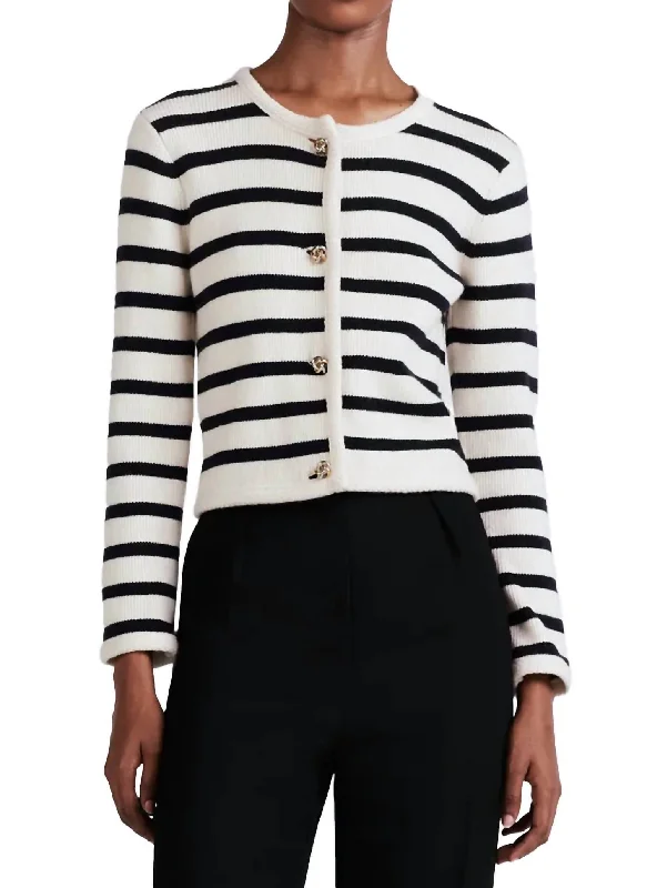 Keene Stripe Crewneck Cardigan In Ivory