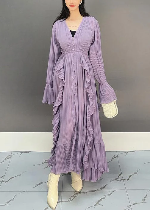 Elegant Purple V Neck Ruffled Long Dresses Flare Sleeve