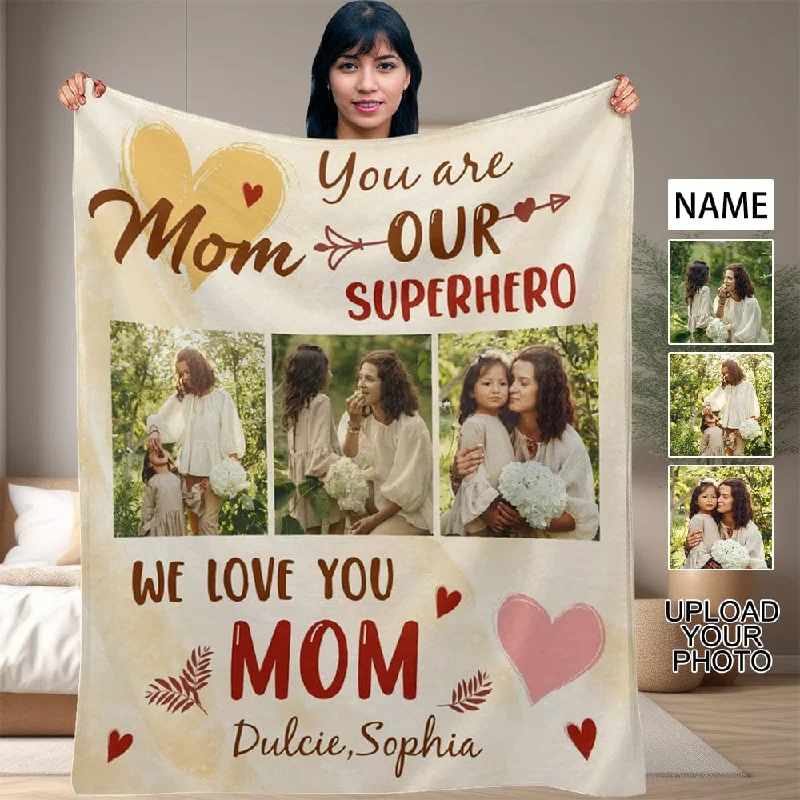 Advanced Customization Custom Photo&Name Superhero Mom Anti-pilling Flannel Blanket Personalized Mother's Day Blanket Gifts For Best Mom And Grandma