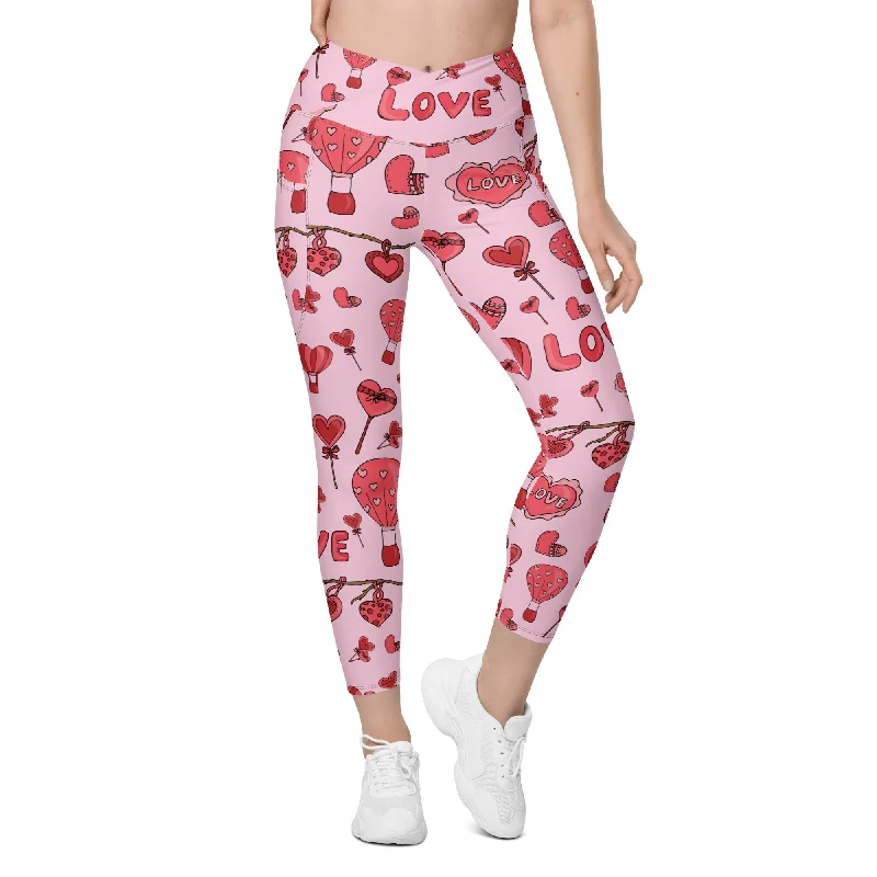 Cozy Lounge Wear Pink Love Crossover Leggings With Pockets
