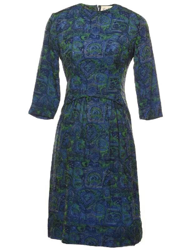 Blue & Green 1960s Midi Dress - S