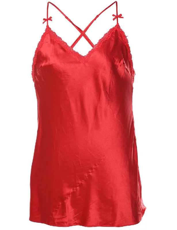 Criss-Cross Back Red Lace Trim Silky Camisole Top - M