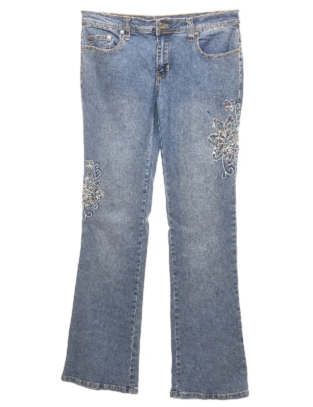 Sequined Floral Light Wash Flared Y2K Jeans - W31 L33