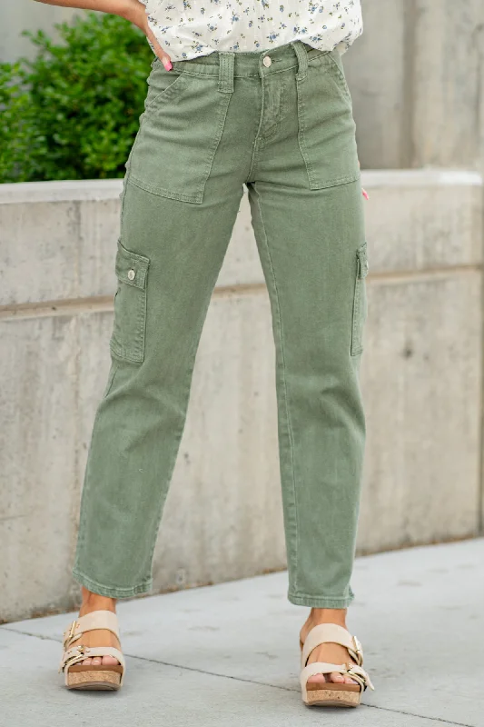 Army Green Mid Rise Cargo Straight Regular & Plus Sizes